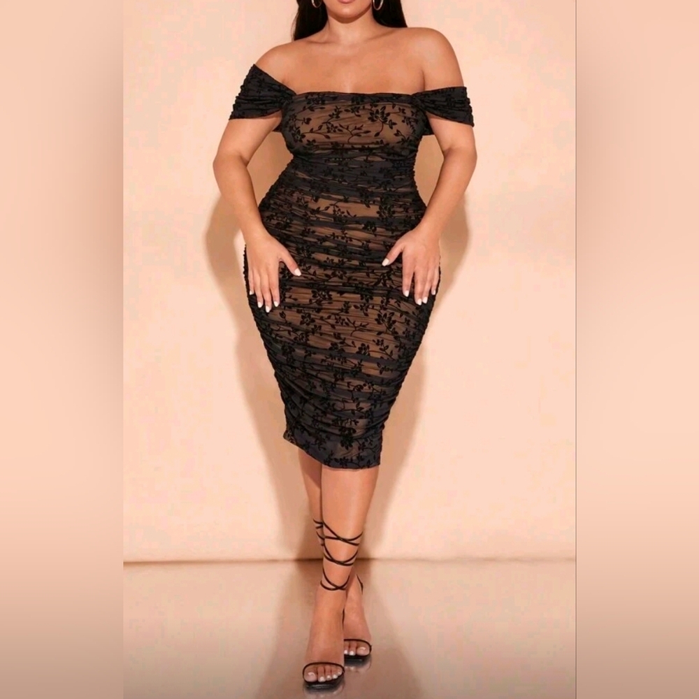 New Floral Lace Mesh Ruched Stretch Bodycon Off Shoulder Dress PLUS Black Tan